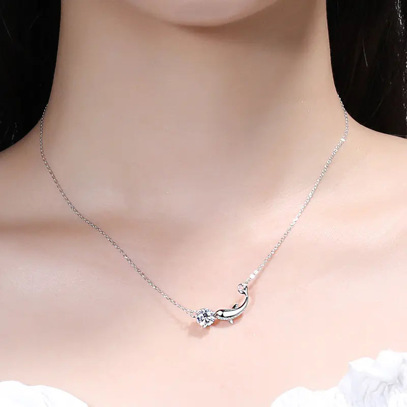 New S925 Silver 1ct Moissanite Dolphin Necklace