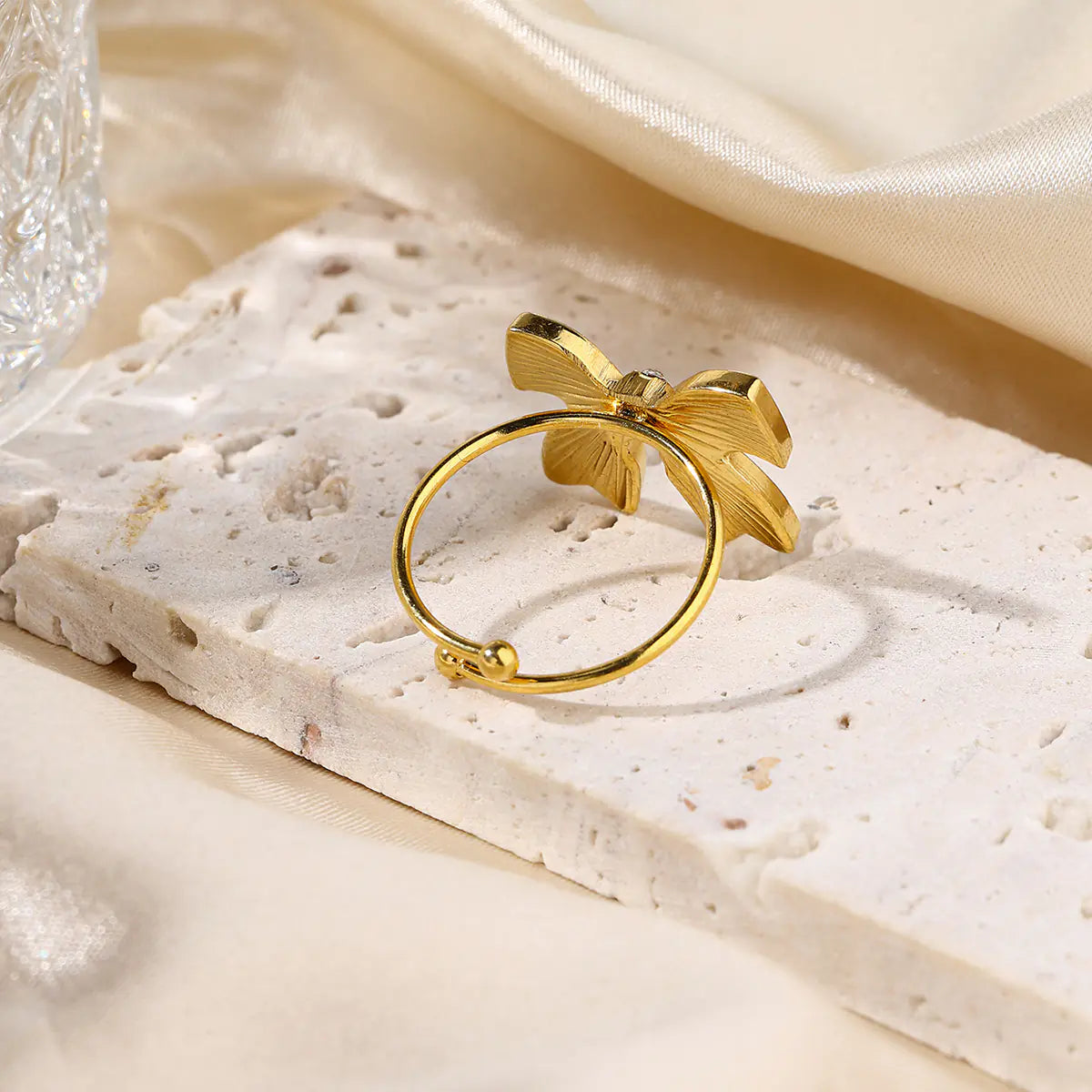 New Stainless Steel Butterfly Bow Crystal Open Ring