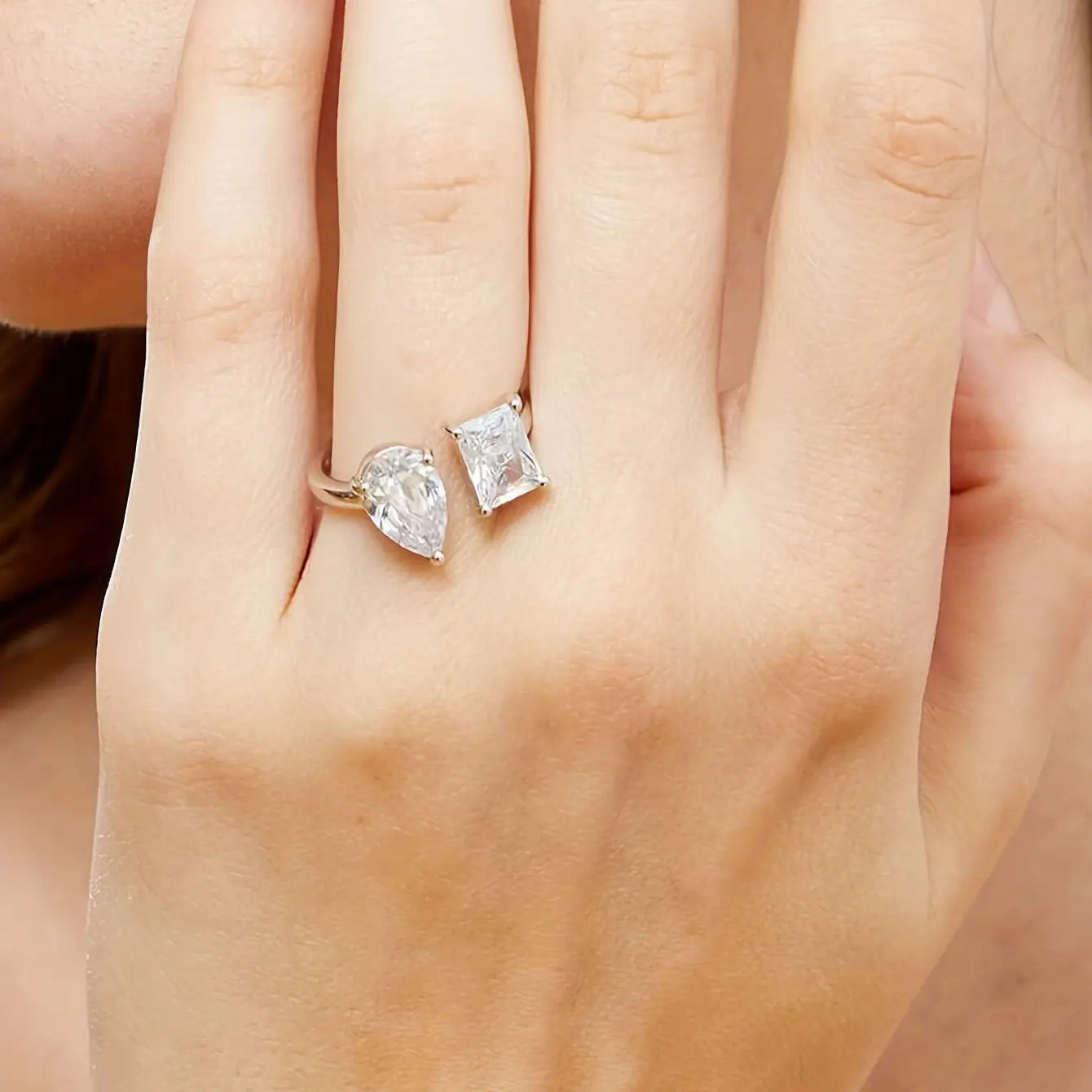 Geometric Rectangle Brass CZ Adjustable Ring