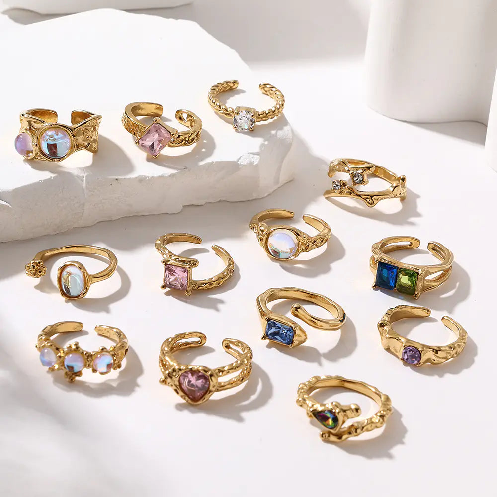Stainless Steel Twisted Colorful Zircon Open Ring