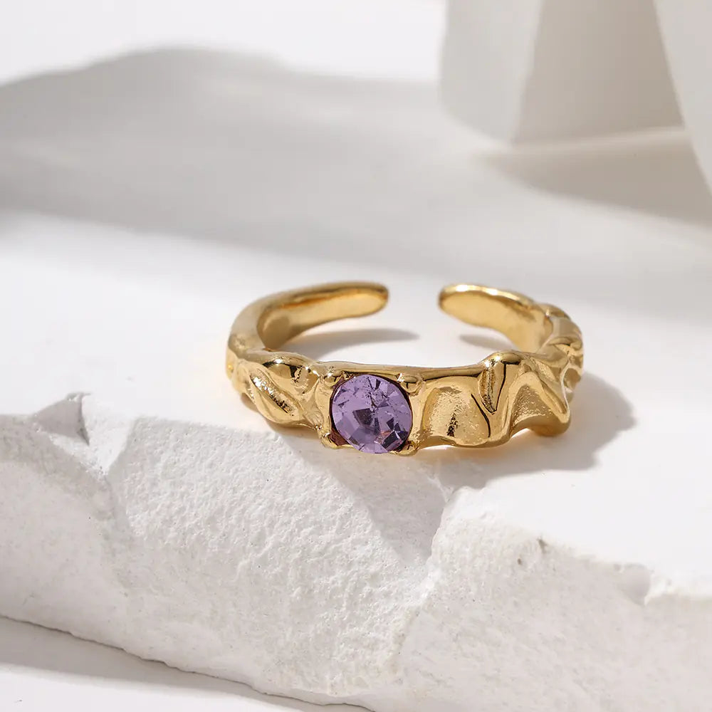 Irregular Stainless Steel Purple Zircon Adjustable Ring