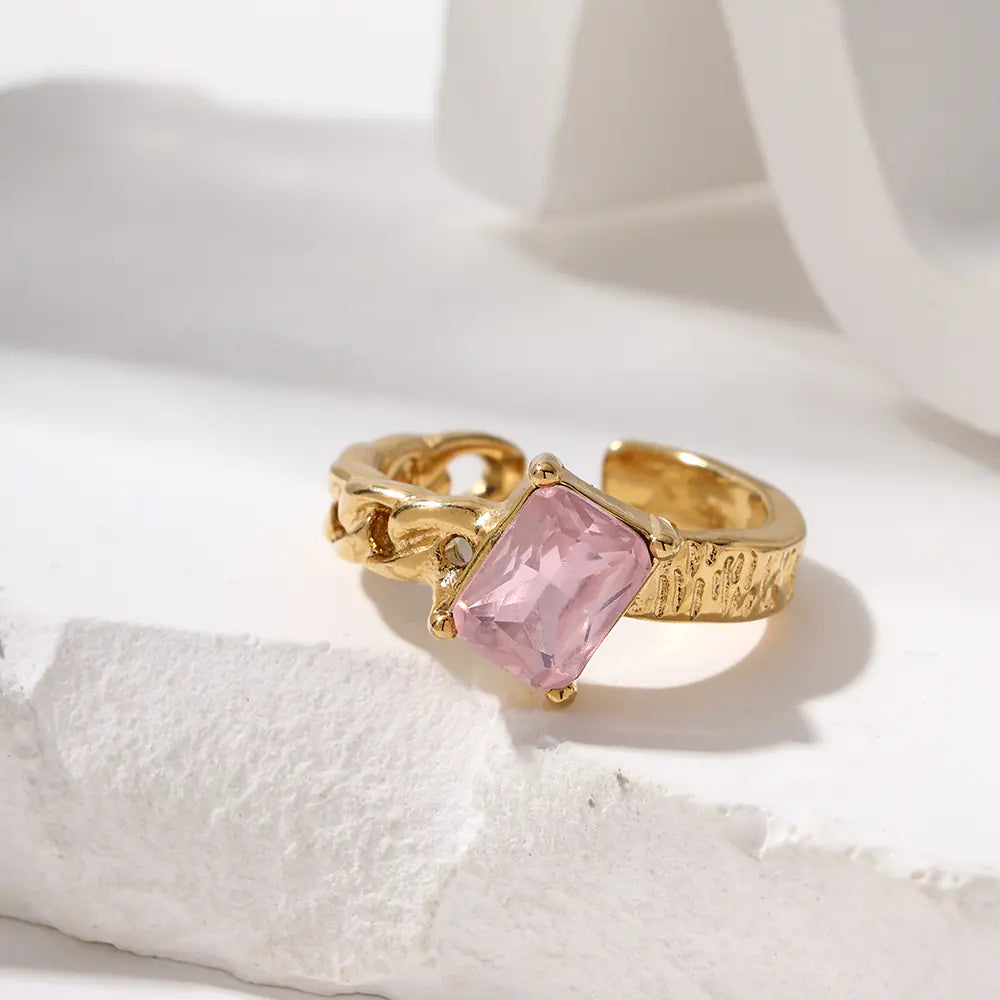 18k Gold-plated Stainless Steel Pink Zircon Adjustable Ring