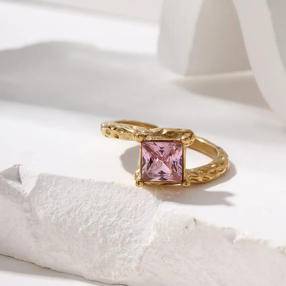 Stainless Steel Twisted Colorful Zircon Open Ring