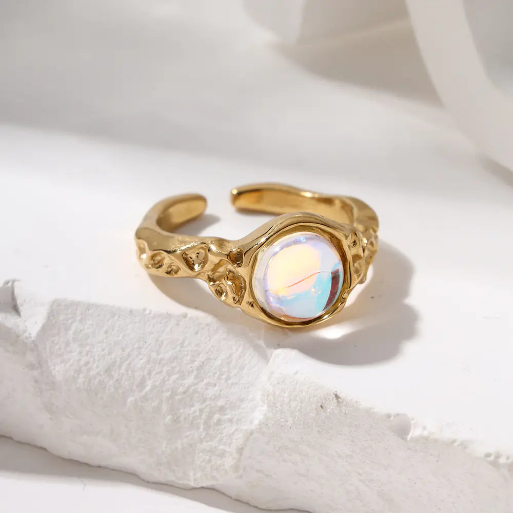 Fashion Stainless Steel Round Moonstone Open Ring