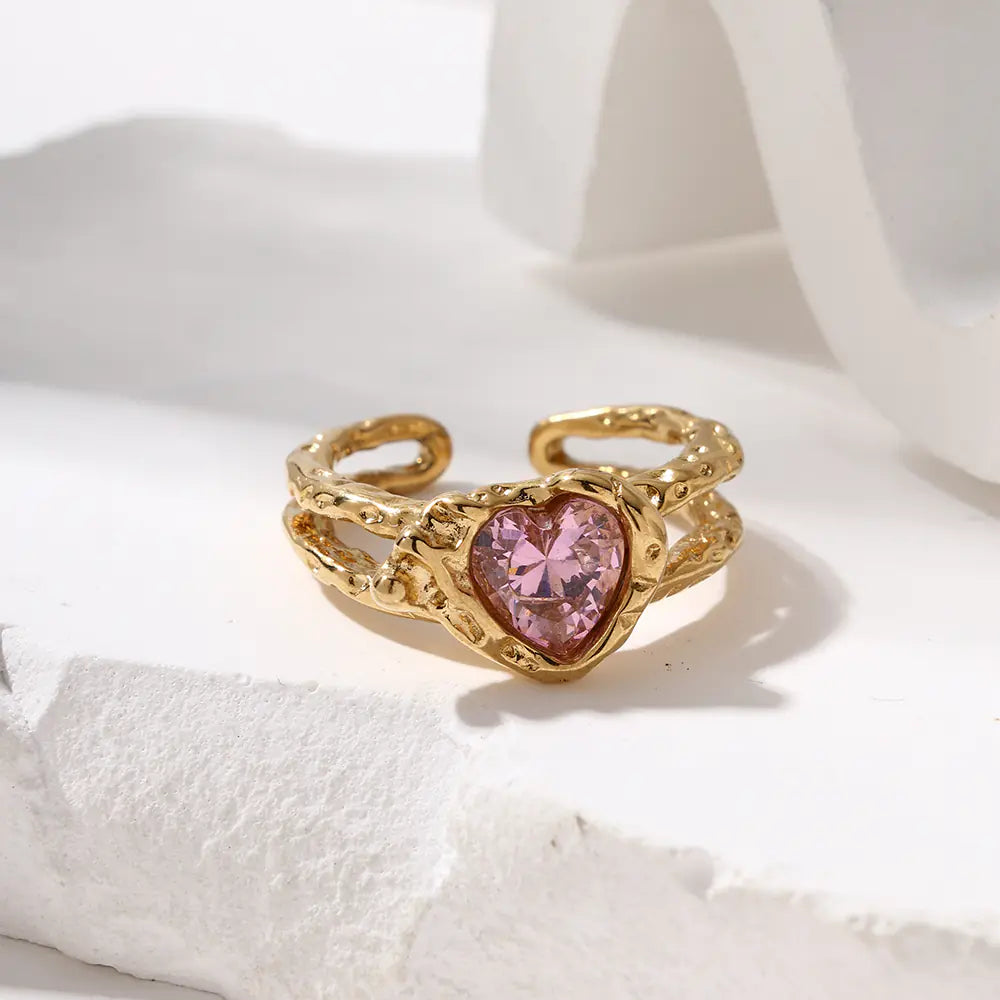 Stainless Steel Squere Pink Zircon Open Ring