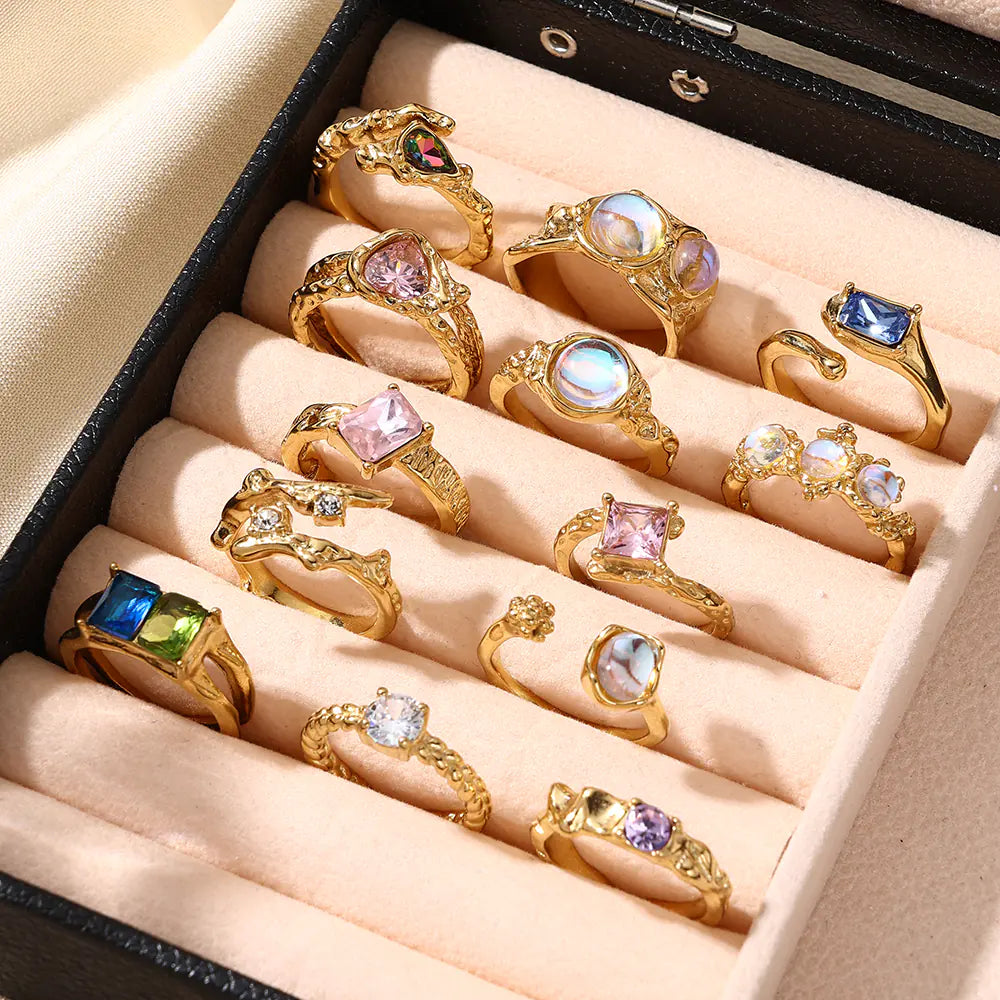 18k Gold-plated Stainless Steel Pink Zircon Adjustable Ring