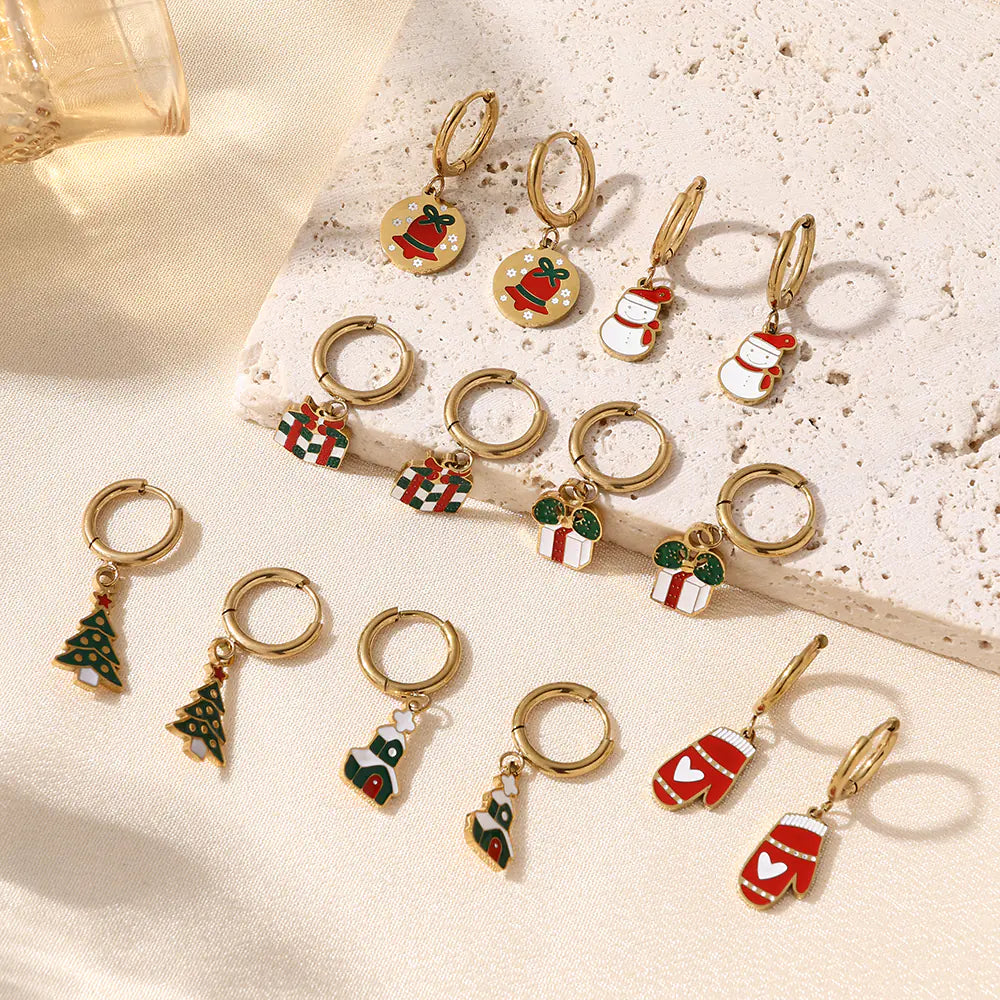 Stainless Steel Cute Enamel Huggie Hoop Christmas Earrings