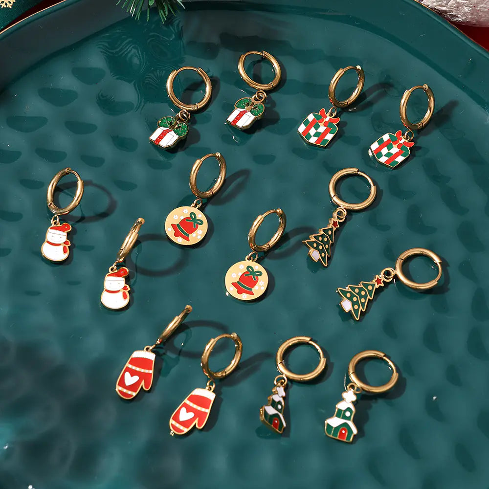Stainless Steel Christmas Hoop Earrings with Tree Snowman