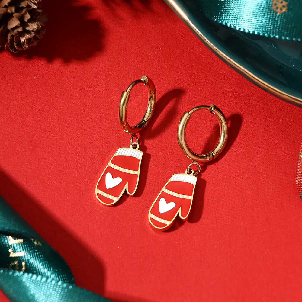Gold Plated Stainless Steel Hoop Christmas Gloves Earrings