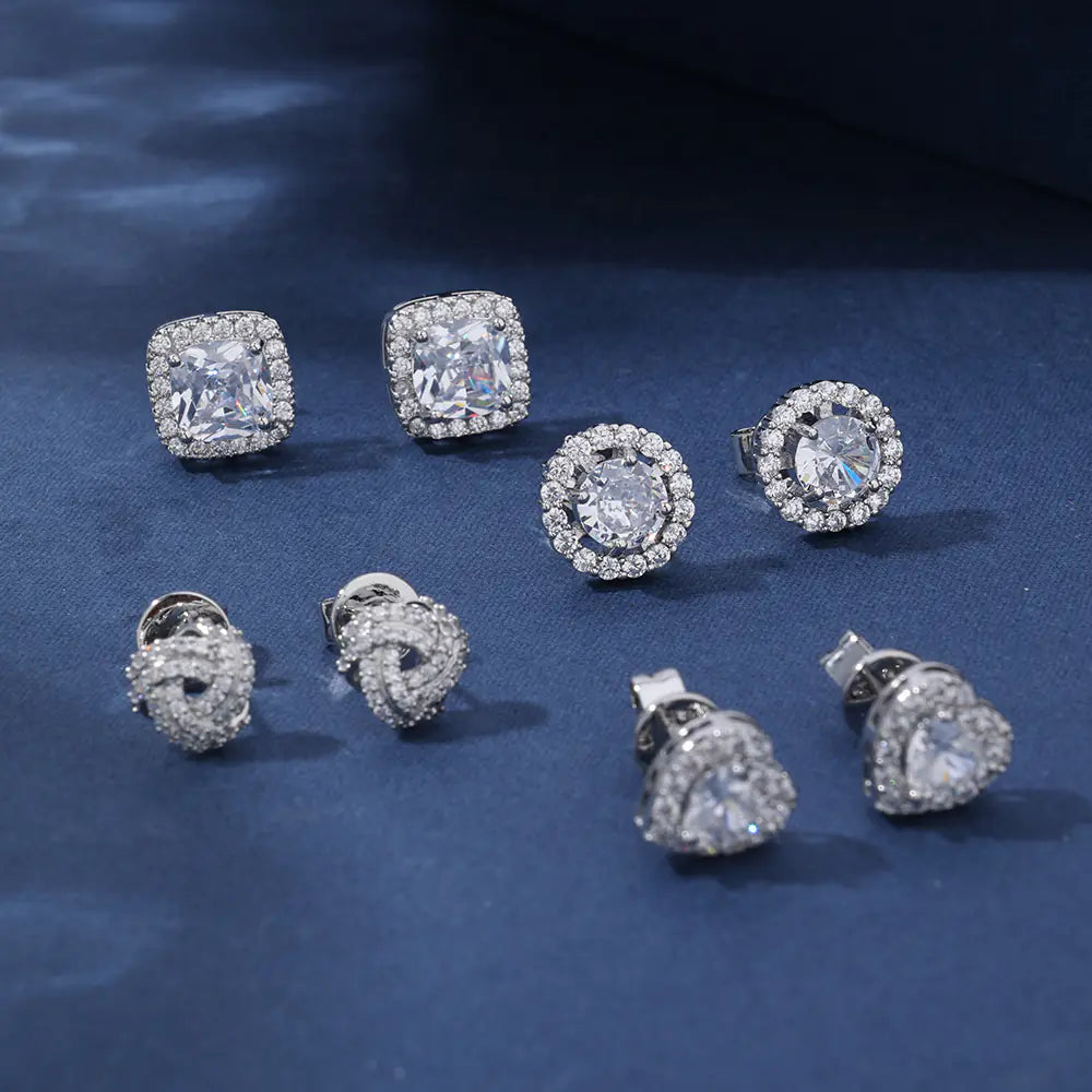 Hot Brass Iced CZ Heart Square Stud Earrings Set