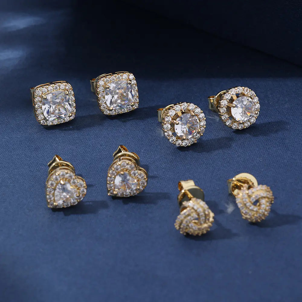 Hot Brass Iced CZ Heart Square Stud Earrings Set