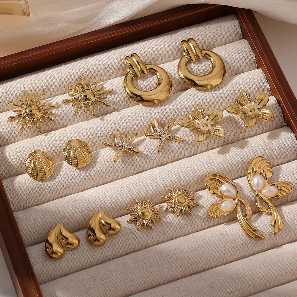 18k Gold Sunflower Stainless Steel Crystal Earrings