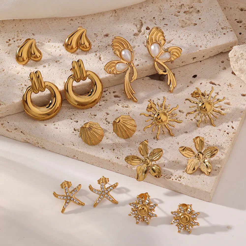 18k Gold Sunflower Stainless Steel Crystal Earrings