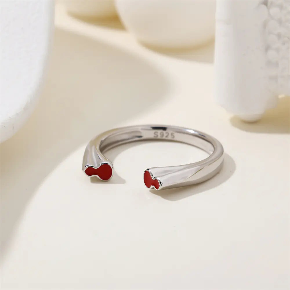 S925 Sterling Silver Red Enamel Double Gourd Open Ring