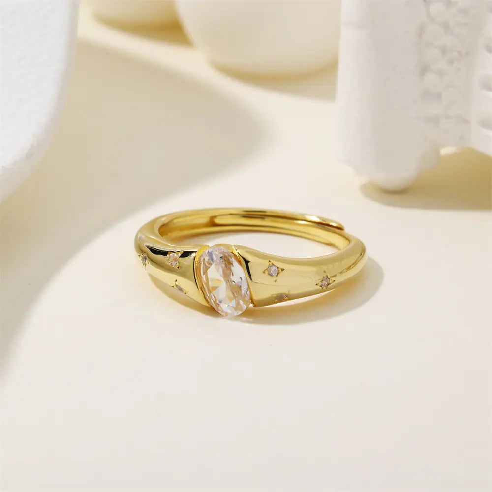 S925 Sterling Silver Oval Single CZ Open Ring