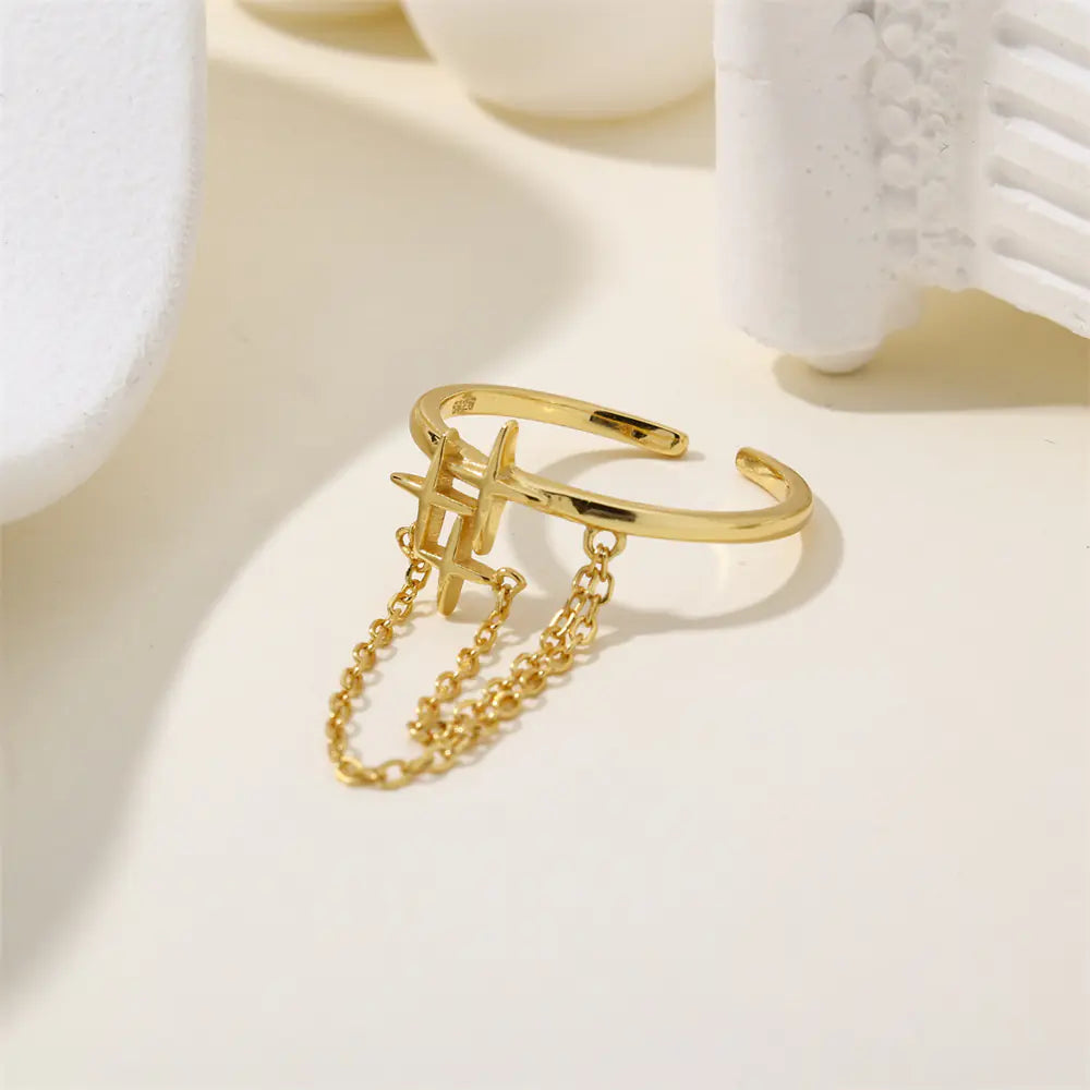 S925 Sterling Silver Star Chain Fringed Adjustable Ring