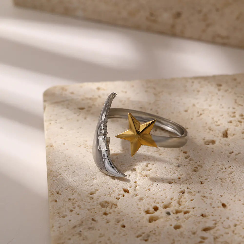 Stainless Steel Star Moon Two-Color Ring