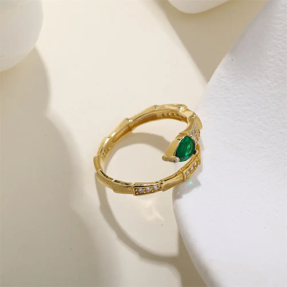Green CZ Snake Design 925 Sterling Silver Gold Ring