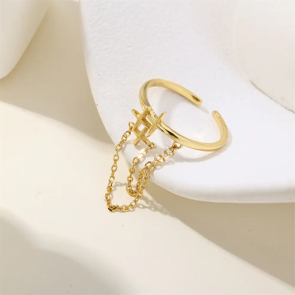 S925 Sterling Silver Star Chain Fringed Adjustable Ring