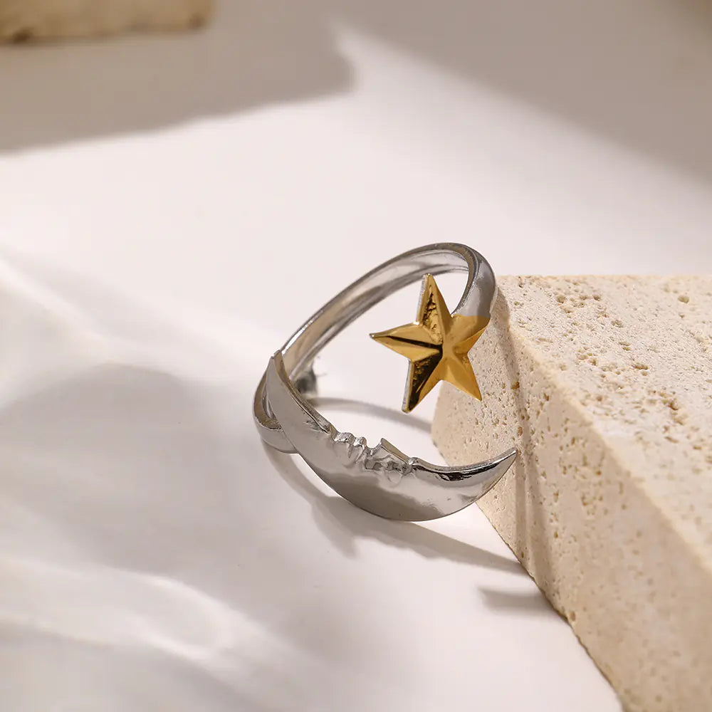Stainless Steel Star Moon Two-Color Ring