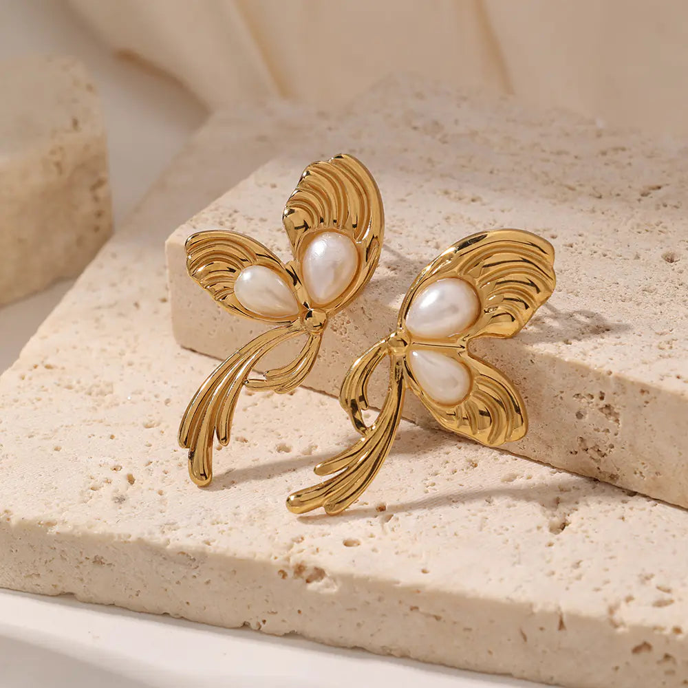 Stainless Steel Pearl Elegant Retro Hypoallergenic Bow Earrings