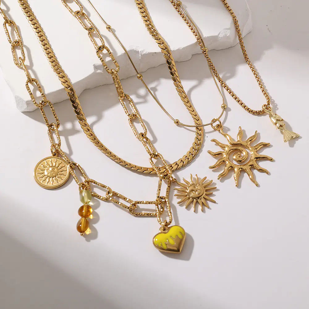 Stainless Steel Gold Sun Pendant Necklace