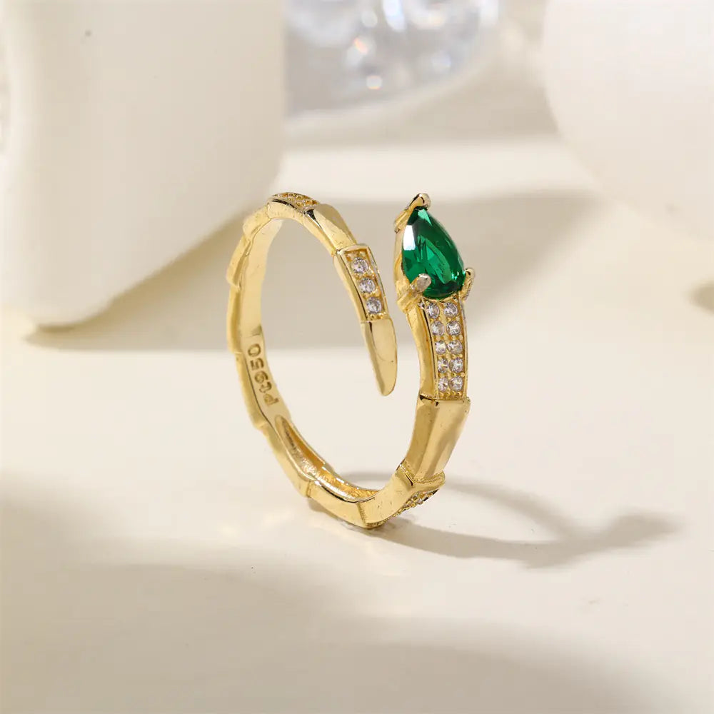Green CZ Snake Design 925 Sterling Silver Gold Ring