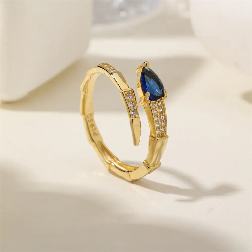Blue CZ Snake Design 925 Sterling Silver Gold Ring