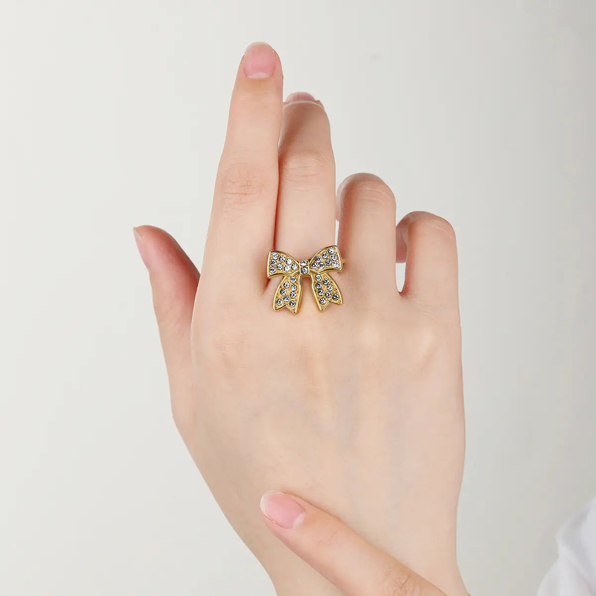 New Stainless Steel Butterfly Bow Crystal Open Ring