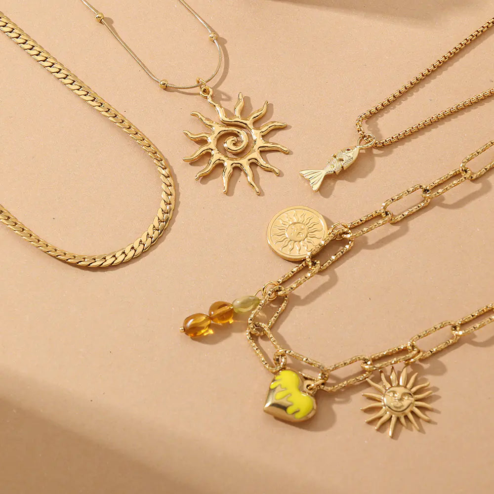Stainless Steel Gold Sun Pendant Necklace