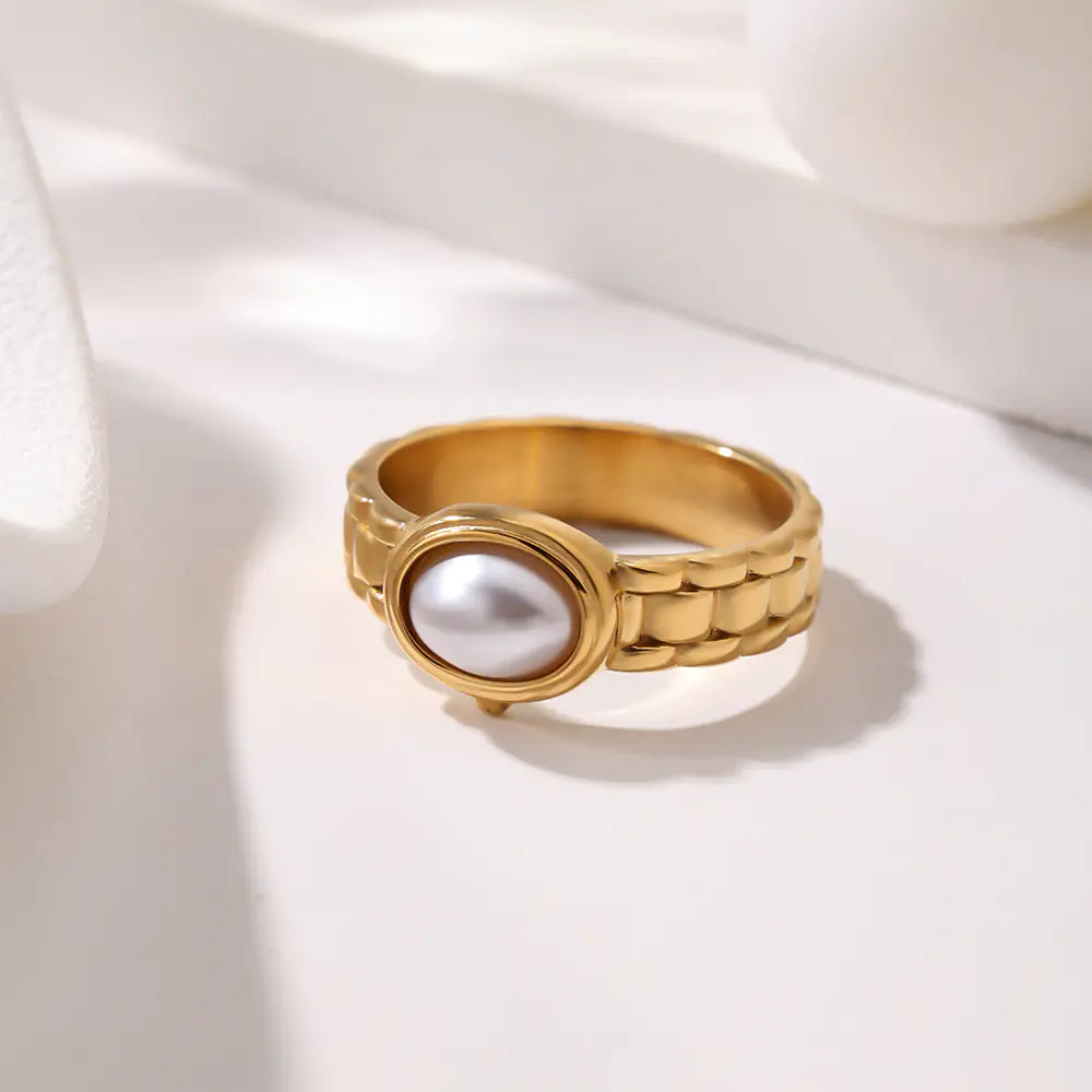 Fashion Vintage French Natural Stone Ring Stainless Steel Micro