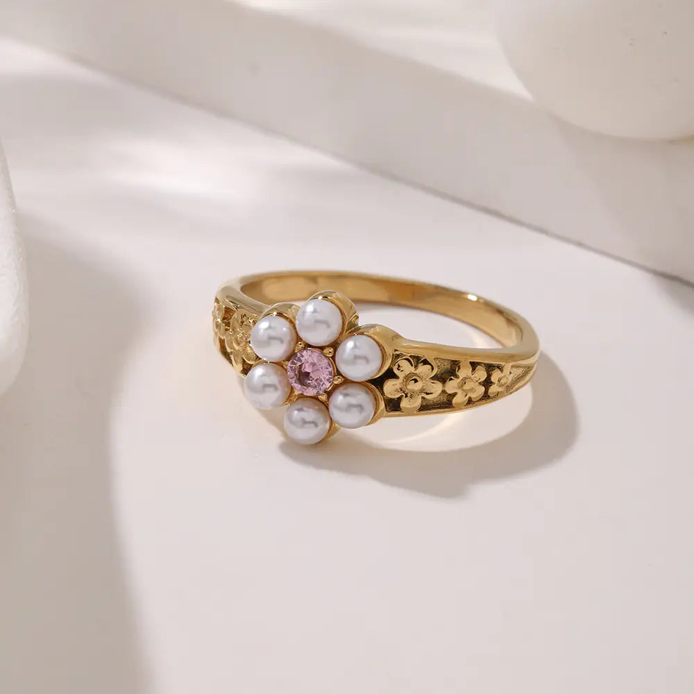 Design Fashionable Stainless Steel No Fading Pearl Flower Ring
