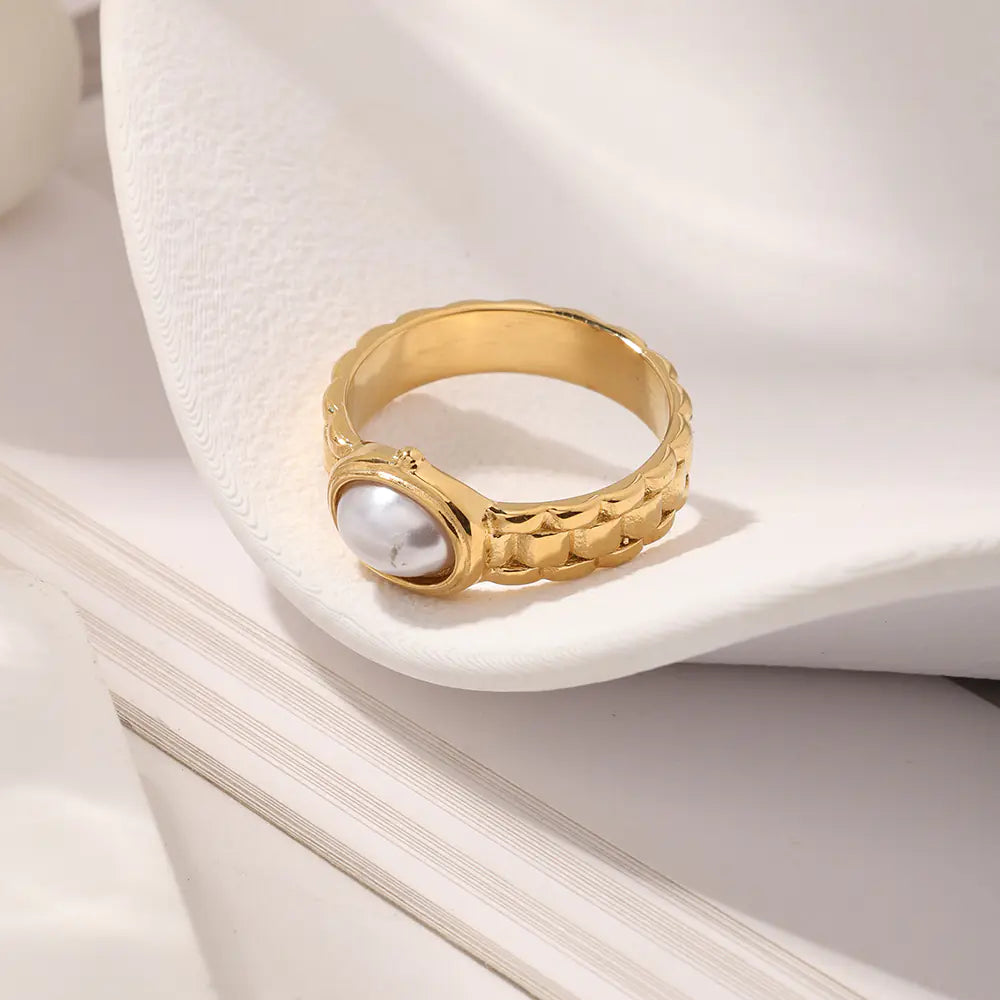 Fashion Vintage French Natural Stone Ring Stainless Steel Micro