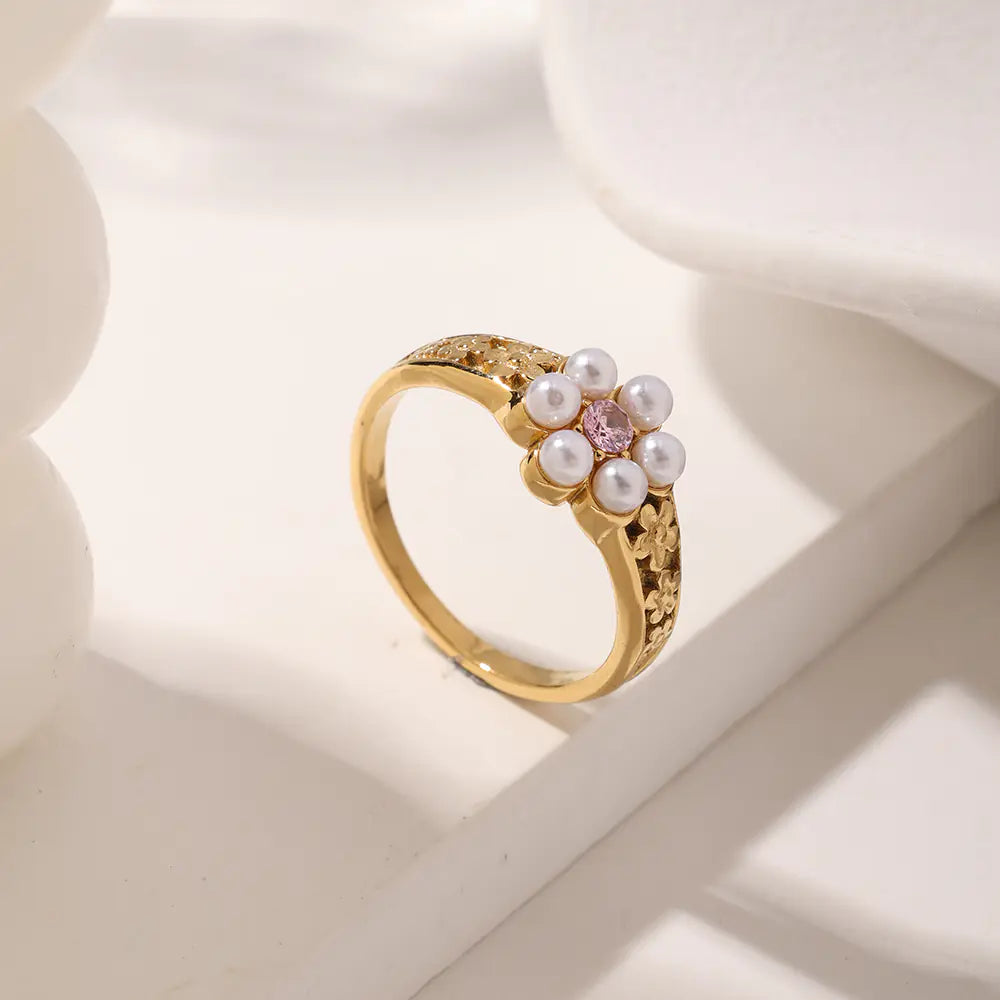 Design Fashionable Stainless Steel No Fading Pearl Flower Ring