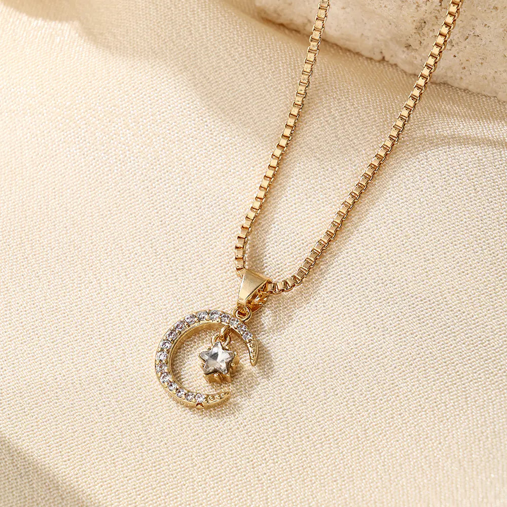 Fashion Brass Star Moon CZ Pendant Necklace