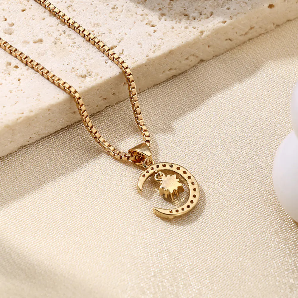 Fashion Brass Star Moon CZ Pendant Necklace
