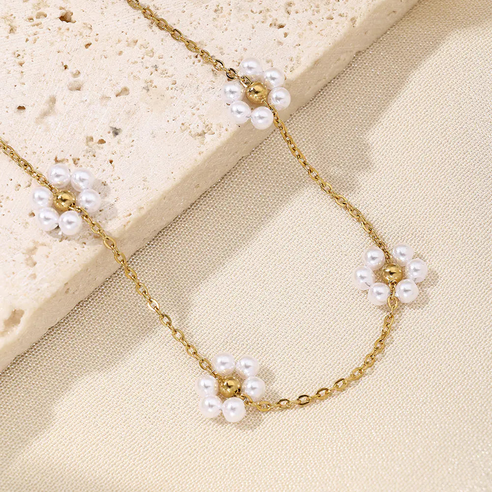 Stainless Steel Adjustable Pearl Flower Necklace
