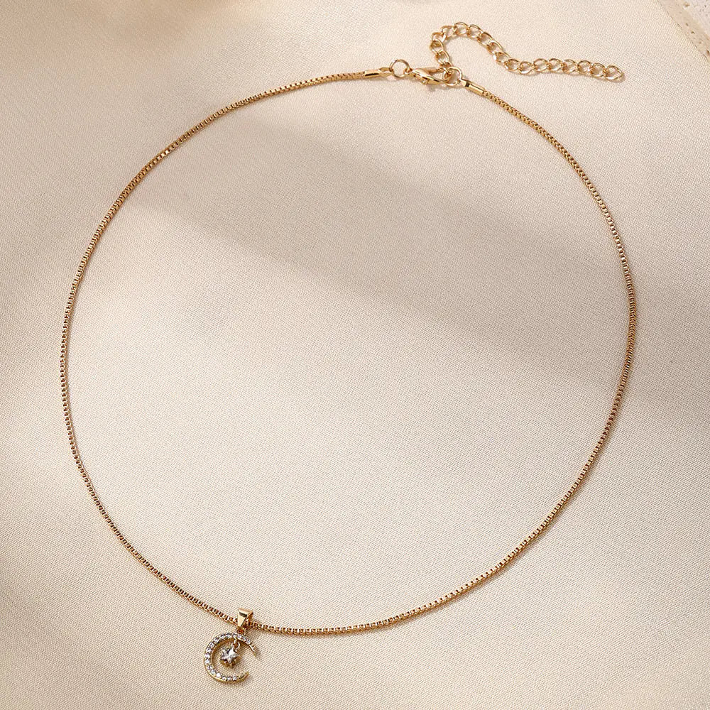 Fashion Brass Star Moon CZ Pendant Necklace