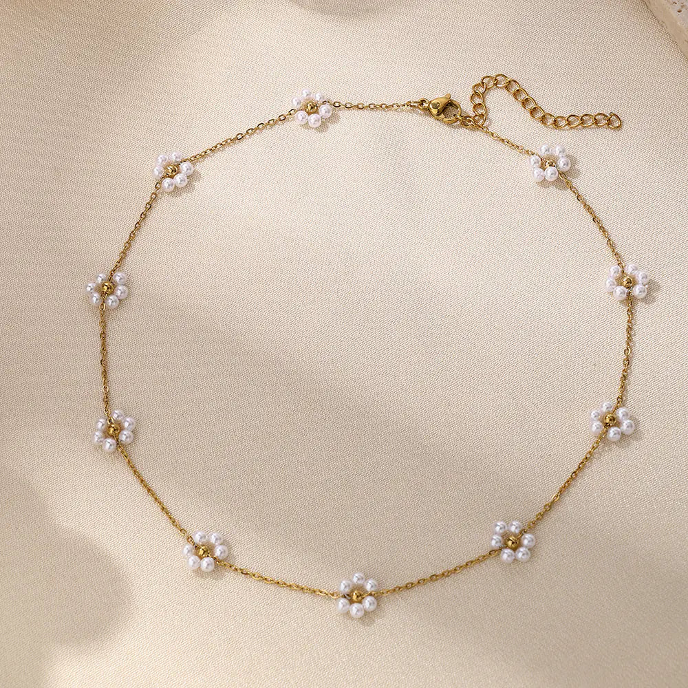 Stainless Steel Adjustable Pearl Flower Necklace