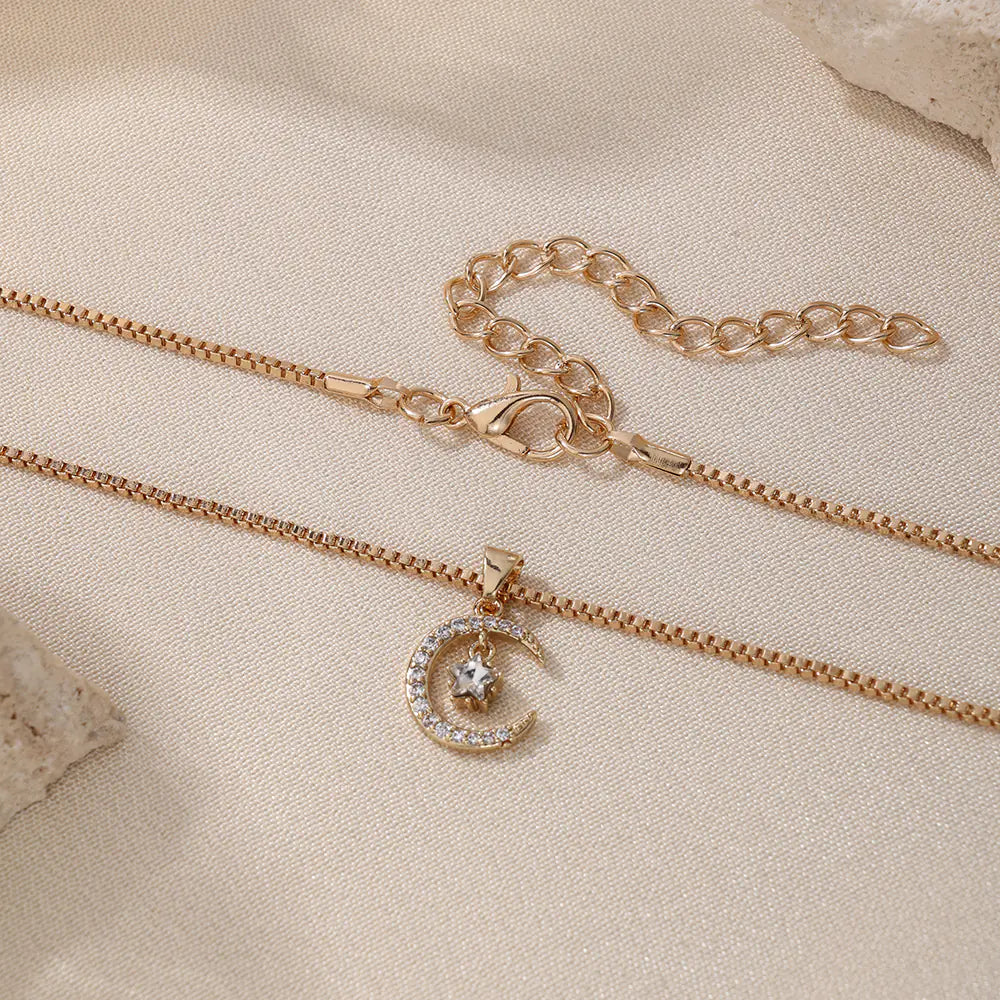 Fashion Brass Star Moon CZ Pendant Necklace