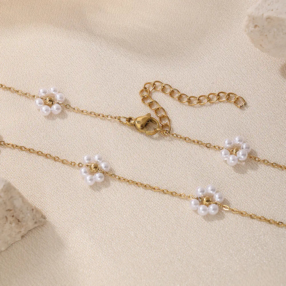 Stainless Steel Adjustable Pearl Flower Necklace