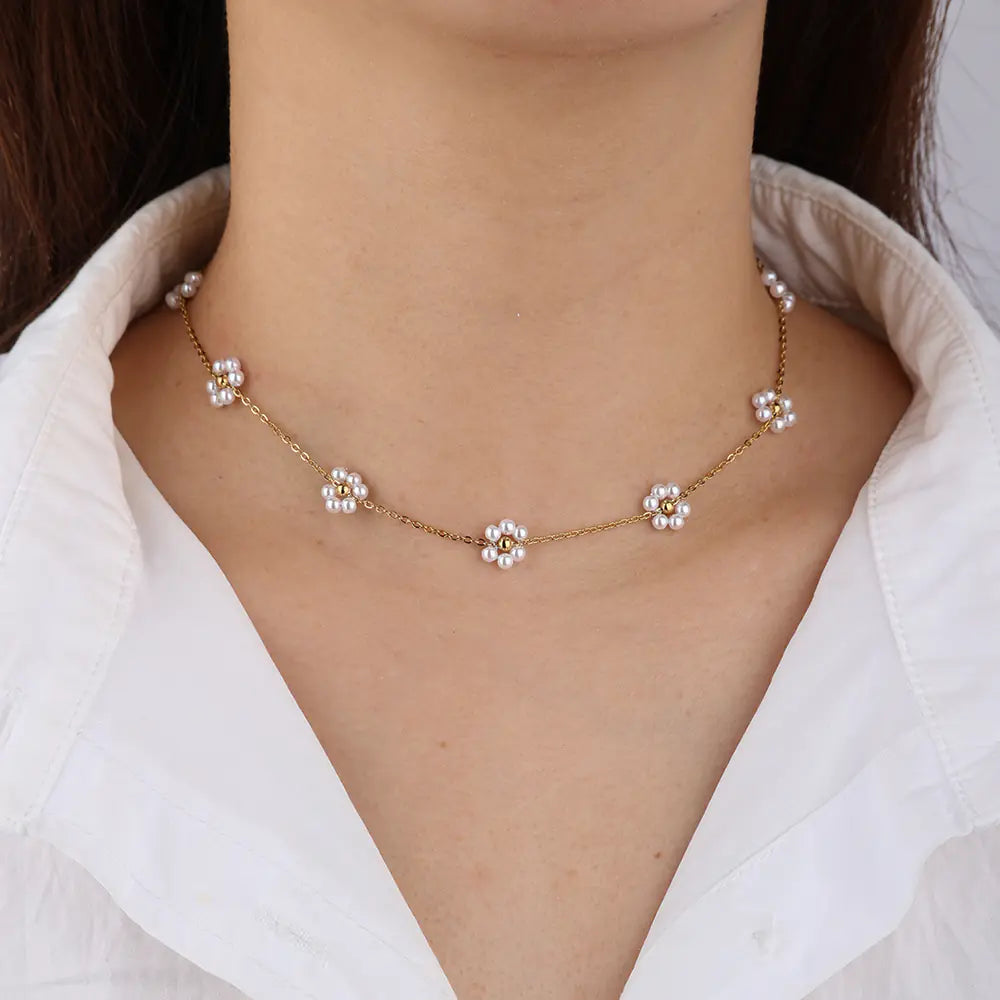 Stainless Steel Adjustable Pearl Flower Necklace