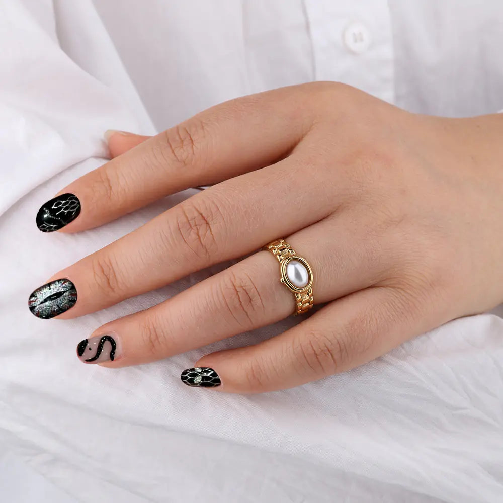 Fashion Vintage French Natural Stone Ring Stainless Steel Micro