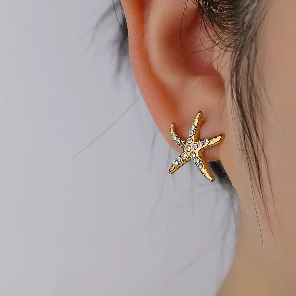 New Rhinestone Stainless Steel Starfish Earrings