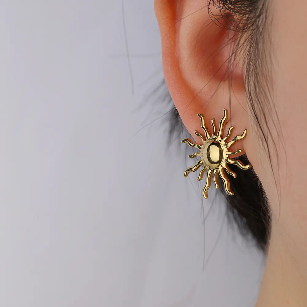 18k Gold Sunflower Stainless Steel Crystal Earrings