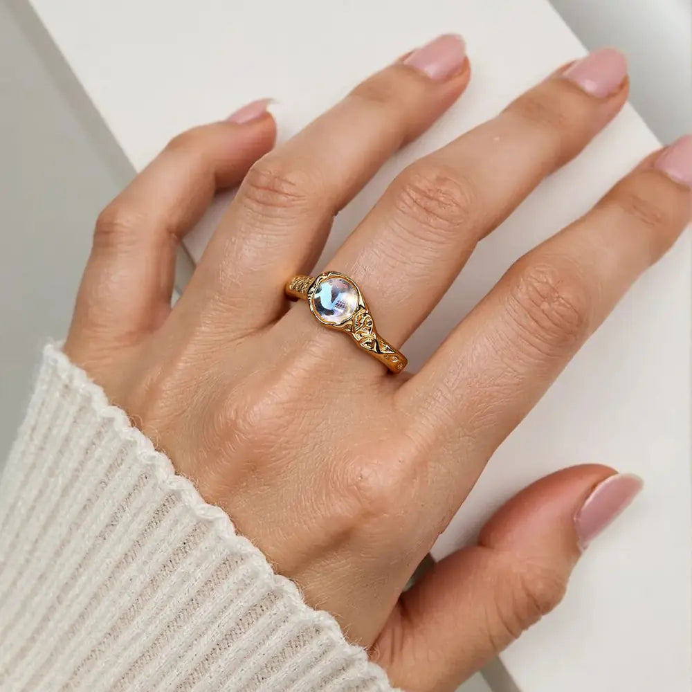 Fashion Stainless Steel Round Moonstone Open Ring