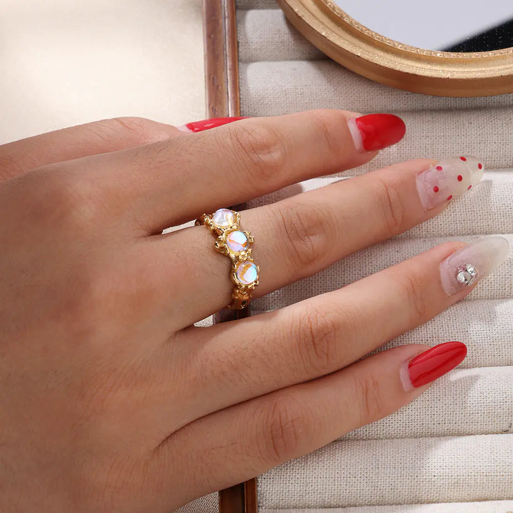 Gold-plated Stainless Steel Moonstone Open Ring