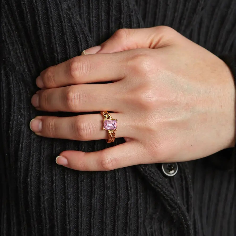 18k Gold-plated Stainless Steel Pink Zircon Adjustable Ring