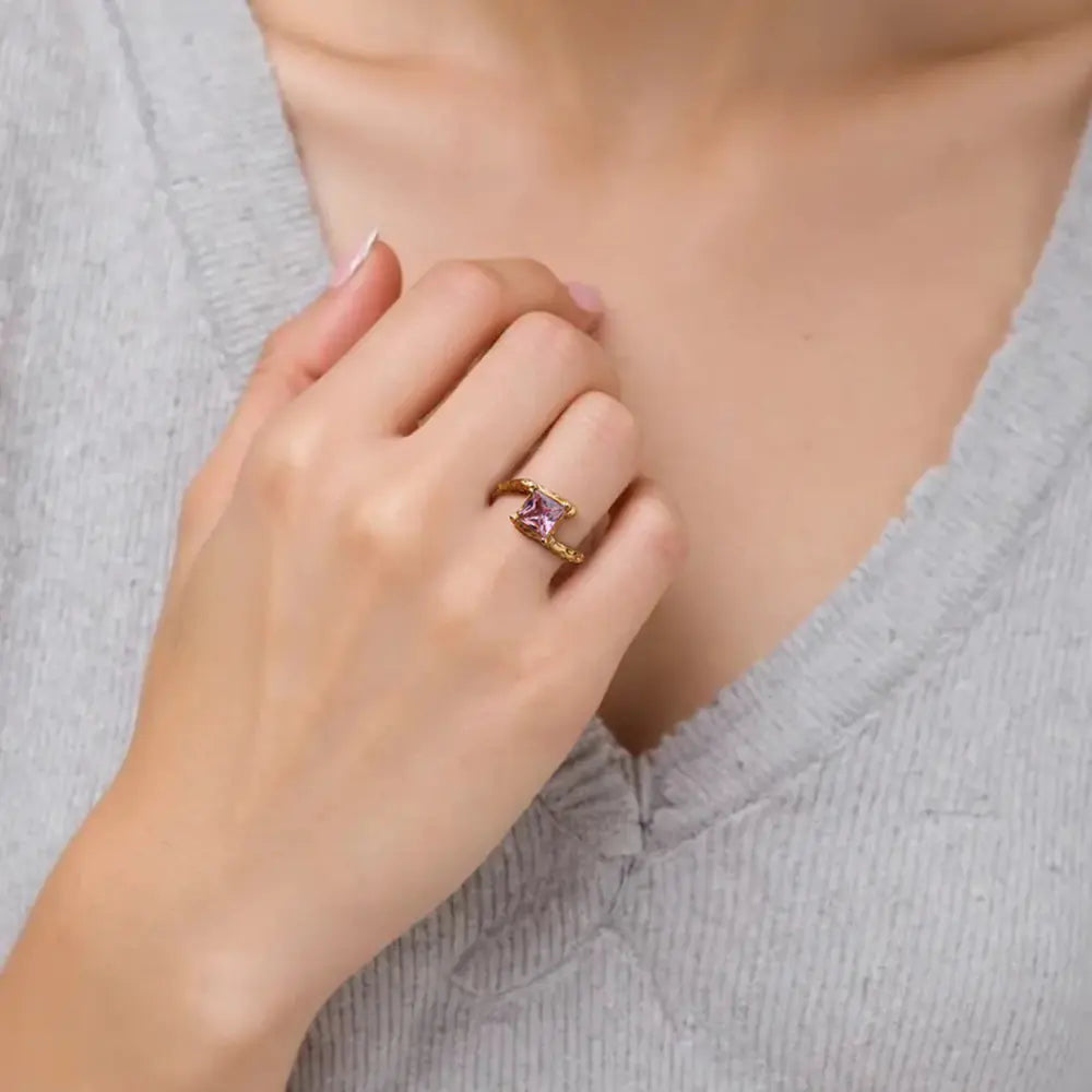 Stainless Steel Twisted Colorful Zircon Open Ring