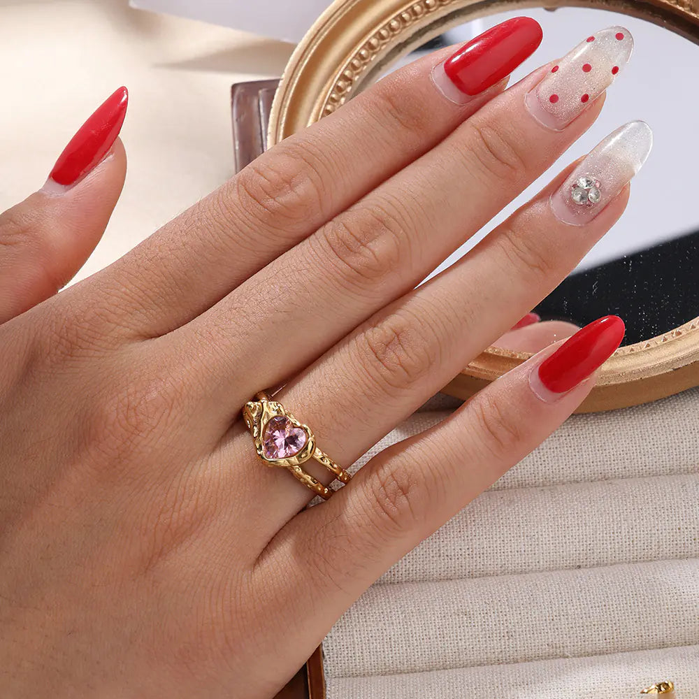 Stainless Steel Squere Pink Zircon Open Ring